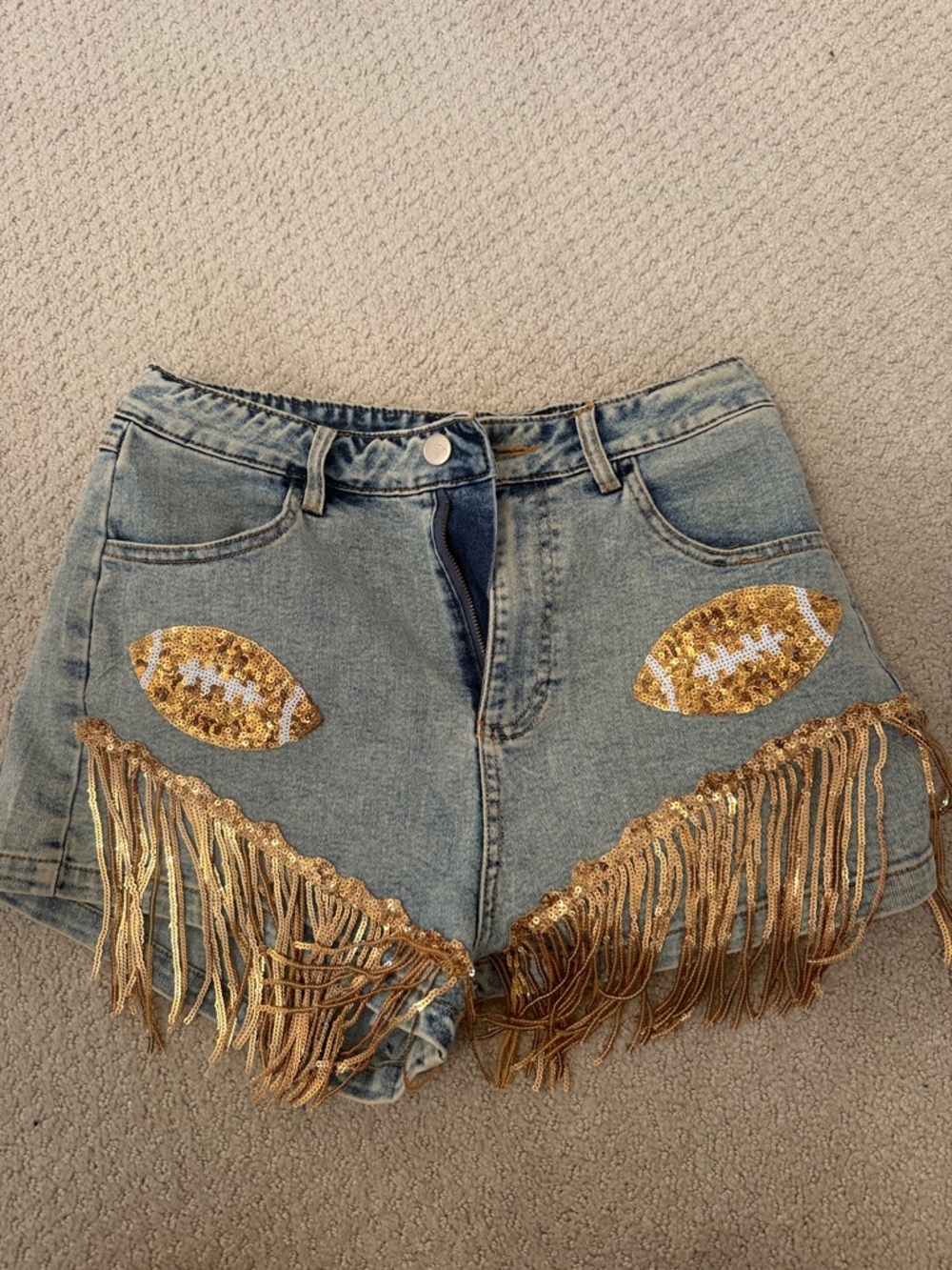 Gold Sequin Fringe Football Denim Shorts - Women's